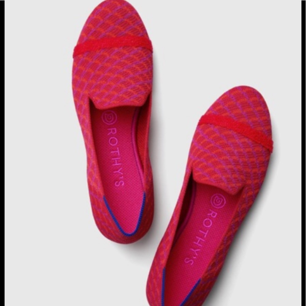 Rothy’s pomegranate grid “muppet” loafers.